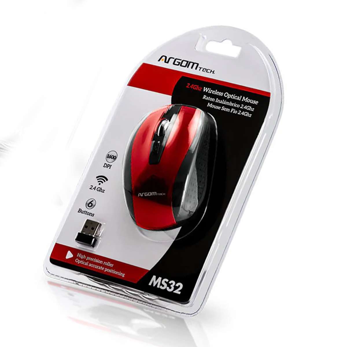 Mouse Wireless Argomtech MS32 2.4 GHz 6 Botones Rojo